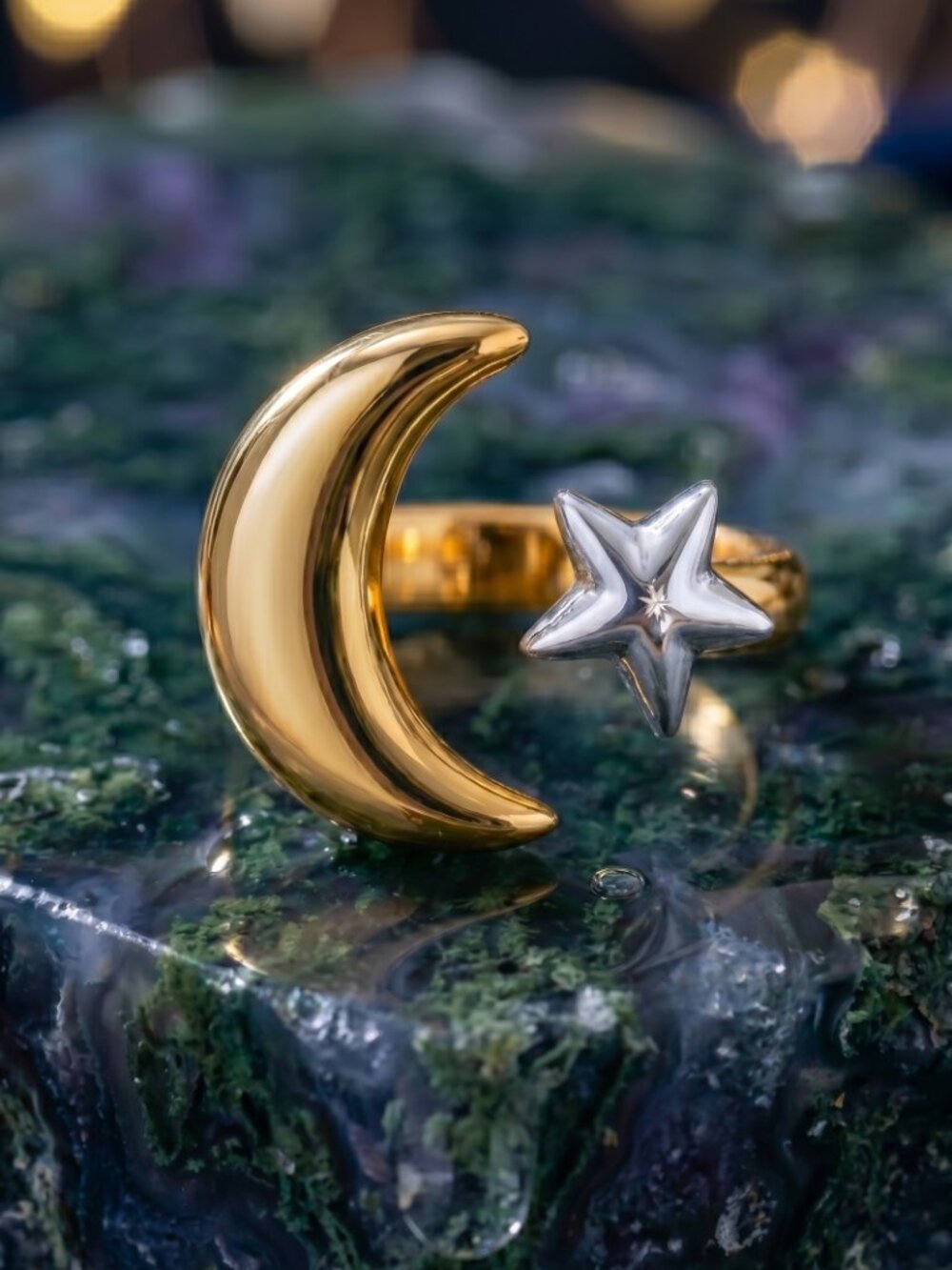 Two-Tone Moon Star Celestial Ring 18K Gold Plated Stainless Steel Adjustable 7-9